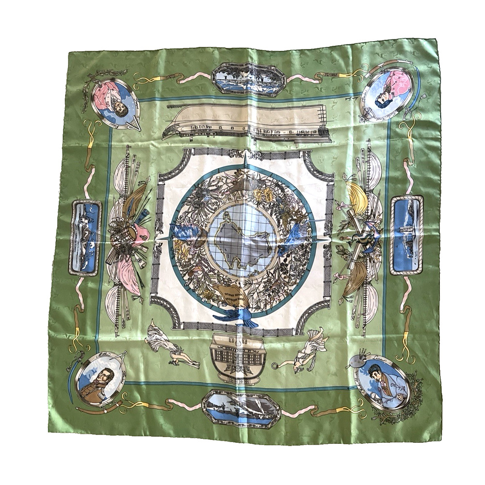 HERMES PARIS 100% Silk Scarf M/I France Ships Maps Famous Men Pink Green Blue